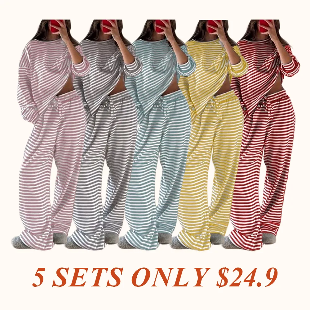 Women's Casual Striped Long Sleeve Top & Pants Set