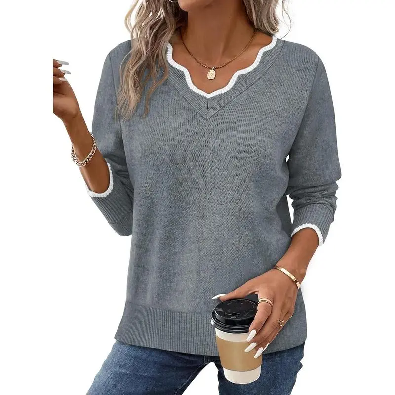 Women's Soft V-Neck Pullover Sweater Lightweight Knit Top for Layering Casual Apricot Longsleeves