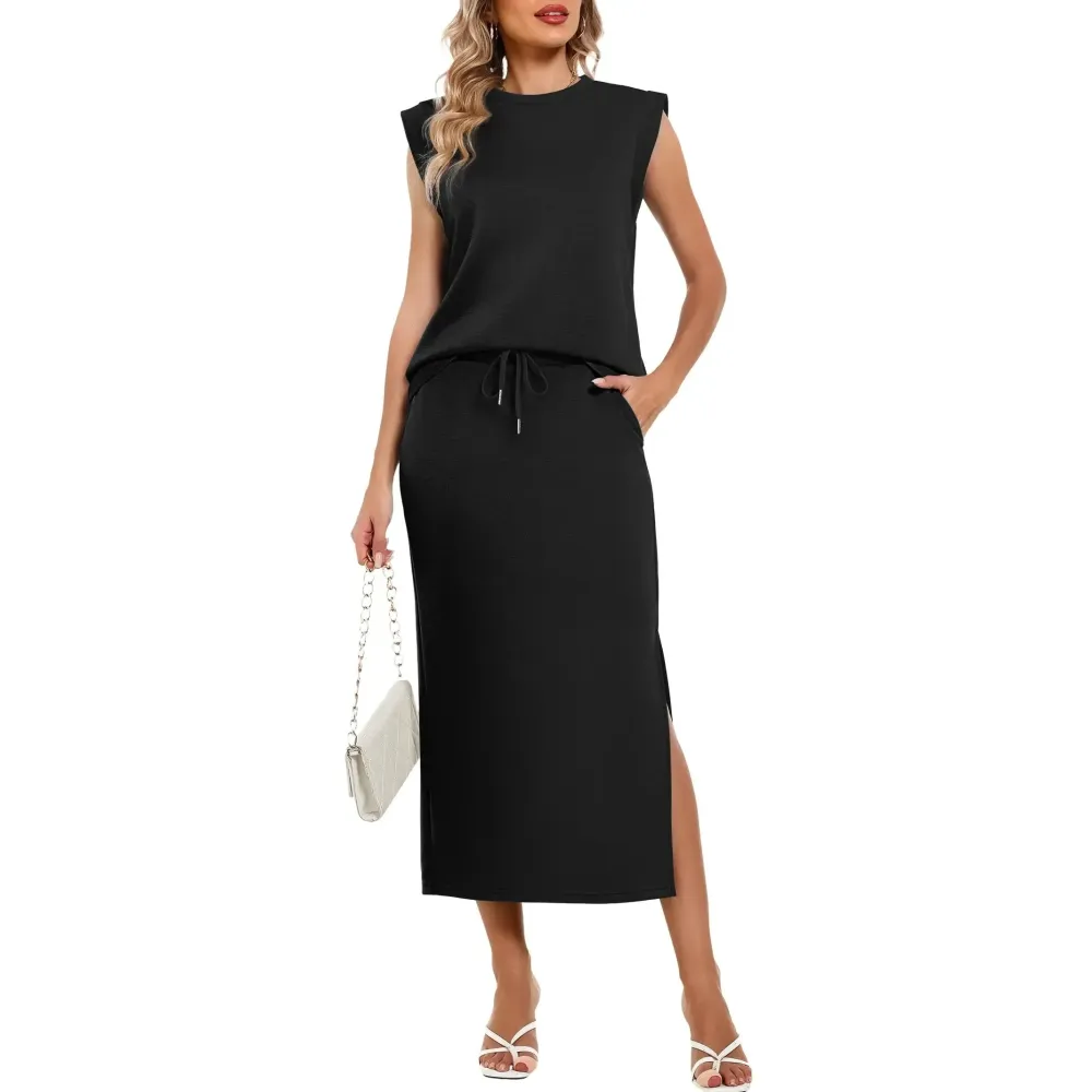 Women's Two Piece Sets Summer Outfits Cap Sleeve Top Drawstring Midi Skirts
