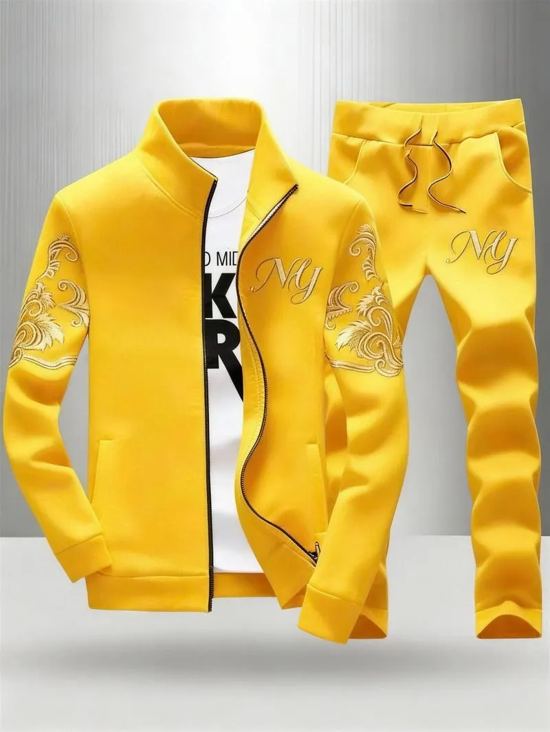Men's Embroidery Stand Collar Tracksuit 2-Piece Full Zip Sportswear for Daily Casual Yellow Sweatsuit Matching Set