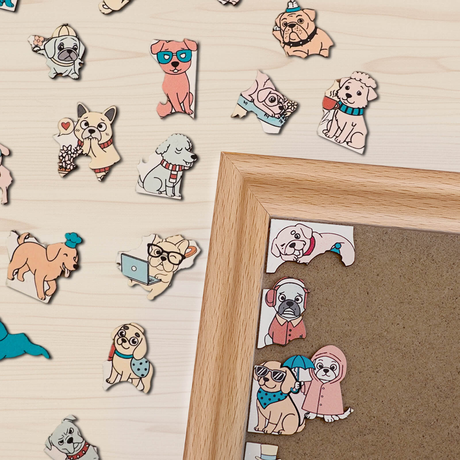 195 Pcs Morandi-Colored Cute Dog Shaped Square Wooden Jigsaw Puzzle