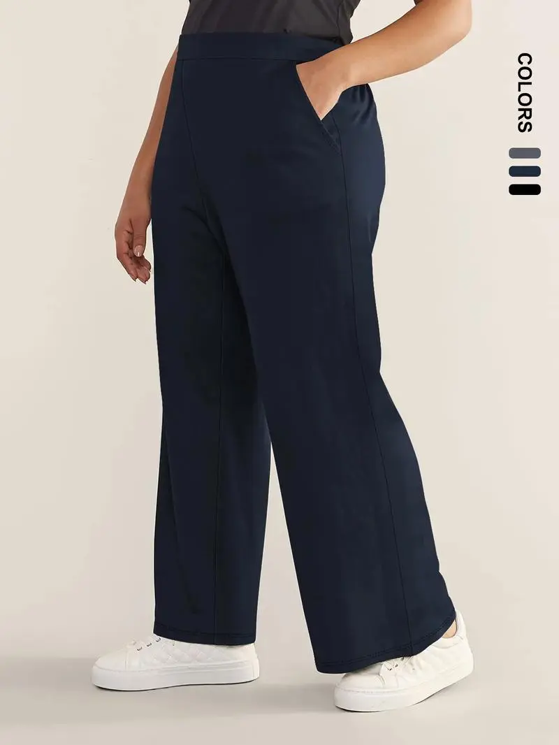 [Plus Size] Solid Color High Waist Straight Leg Pants, Casual Comfy Pocket Trousers for Daily Wear