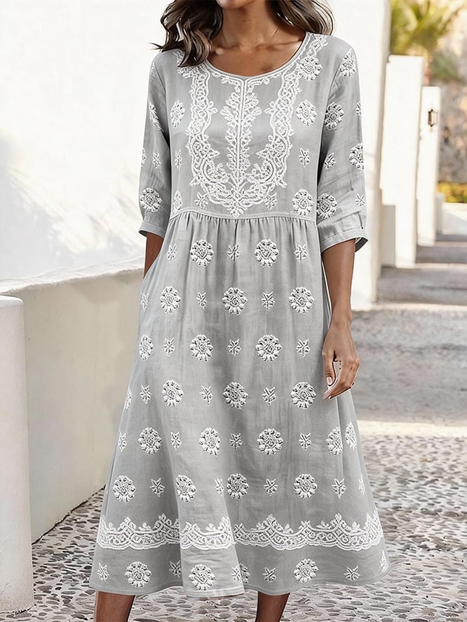 Women's Casual Round Neck Half Sleeve Contrast Print Dress- Fast Shipping