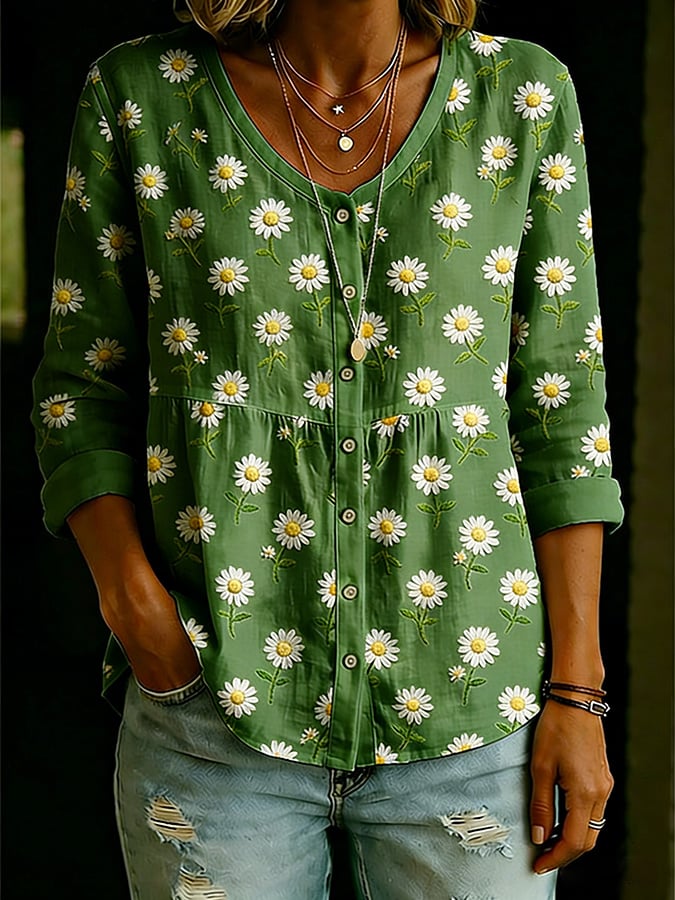 Women's Casual Floral Print Cotton Linen Top- Fast Shipping