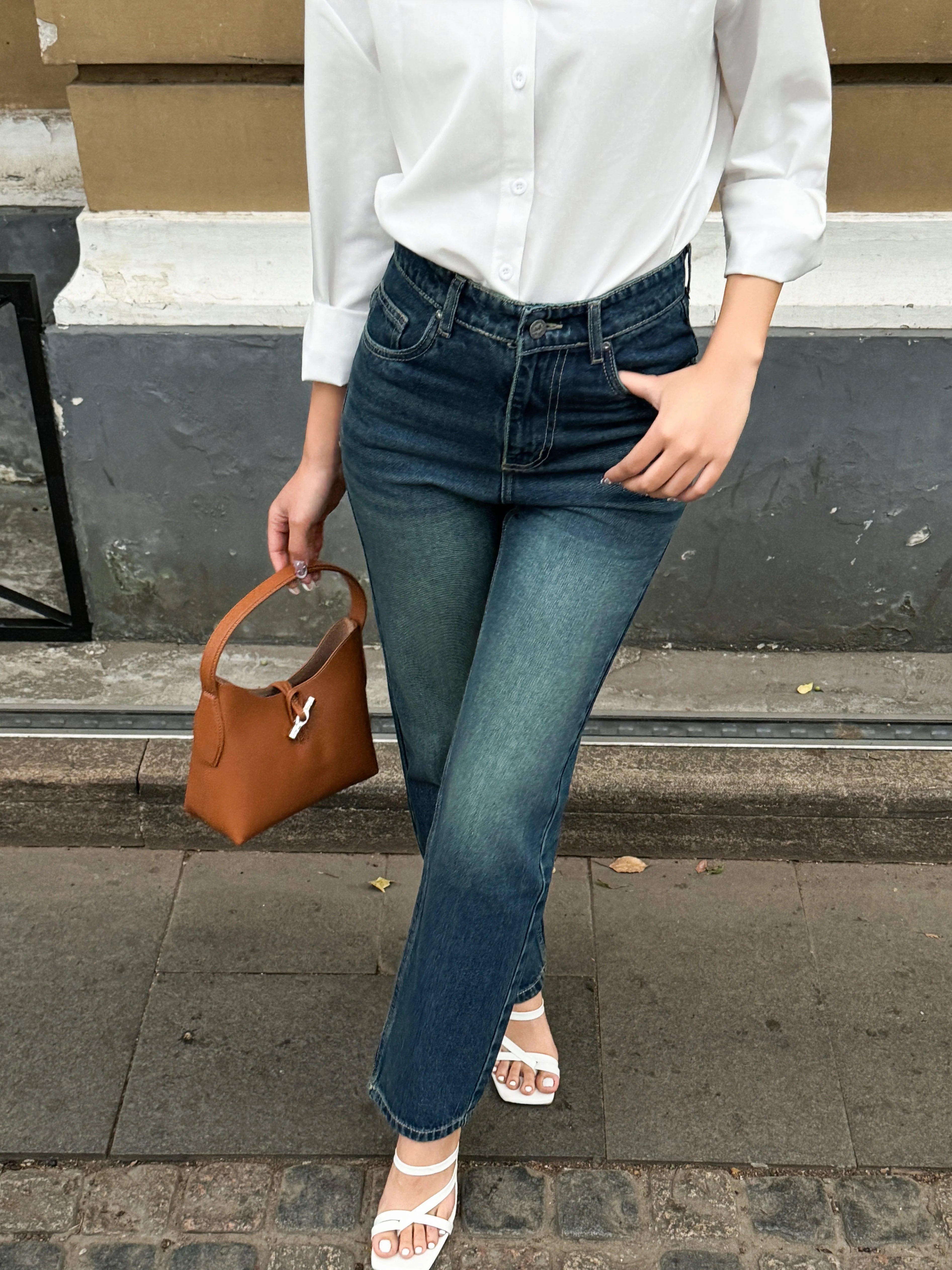 Wash Out Indigo Blue Tailored Straight Leg Jeans