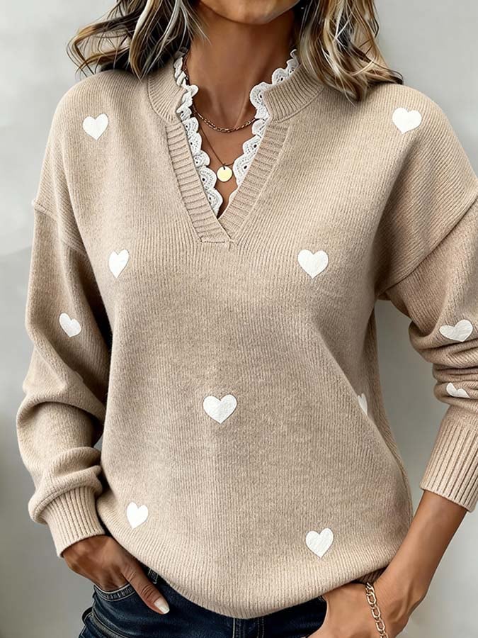 Women'S Casual Heart-Shaped Lace Patchwork Sweater