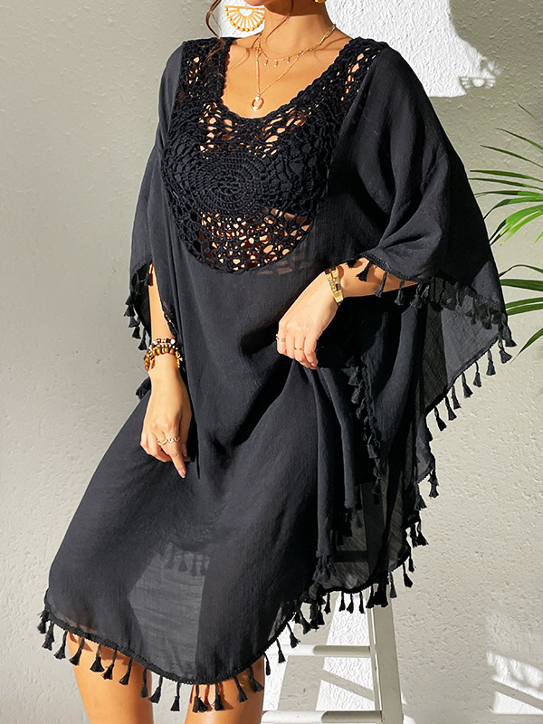 Hollow Solid Color Sun Protection Tasseled Batwing Sleeves Loose Round-Neck Midi Dresses Cover-Ups Tops
