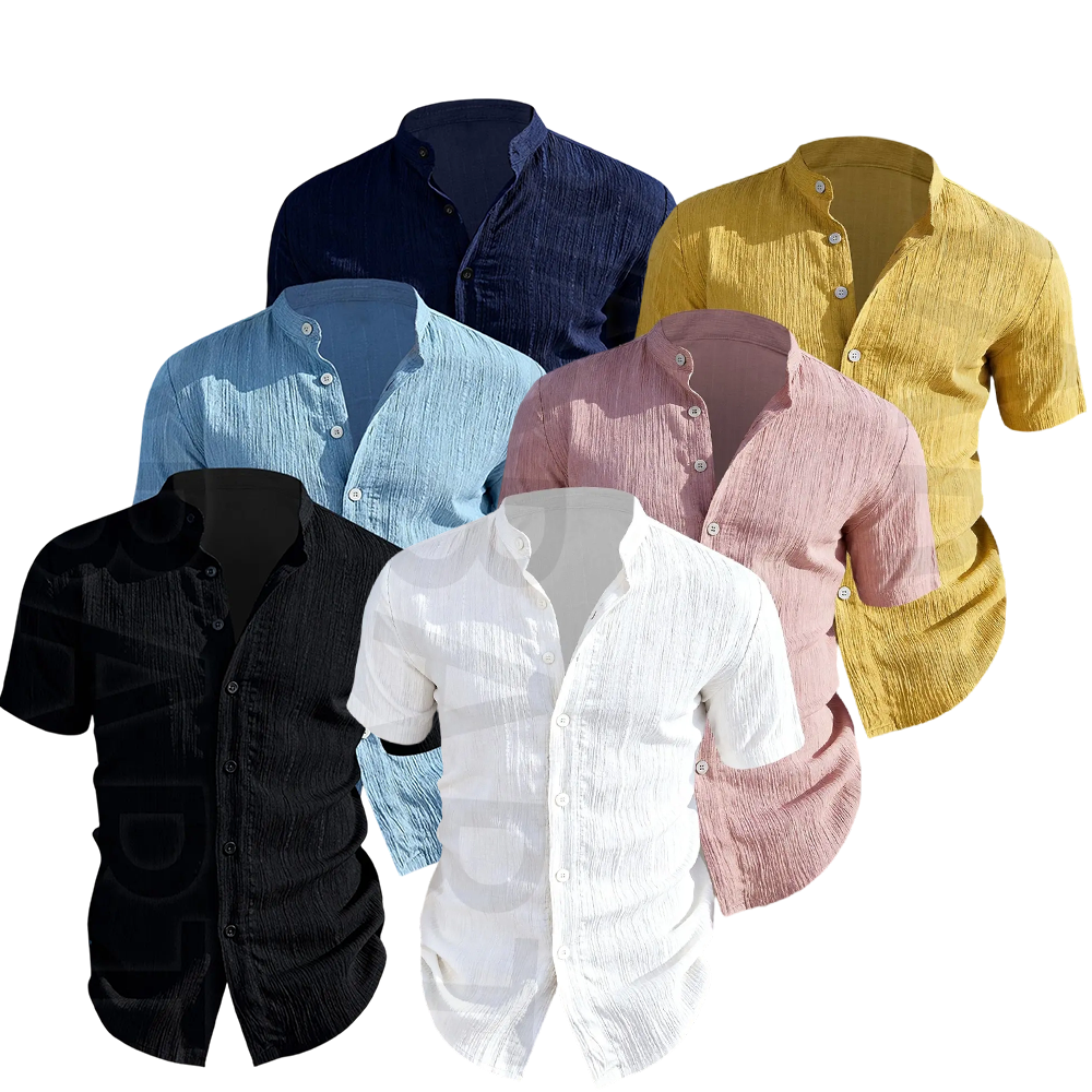 12pcs Men's Summer Short Sleeve Shirts, Lightweight Breathable Plain Solid Color Button-Up Casual Menswear Tops with Stand Collar, Casual Attire, Low-Cut Neckline Shirts for Beach, Pool Parties and Vacation, Gift for Husband