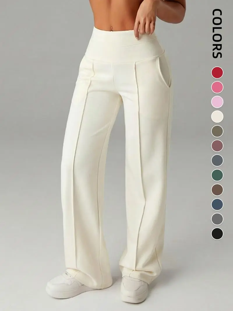 Women's Plain Loose Straight Leg Pants, Wide Leg High Waist Sporty Casual Sweatpants with Pockets