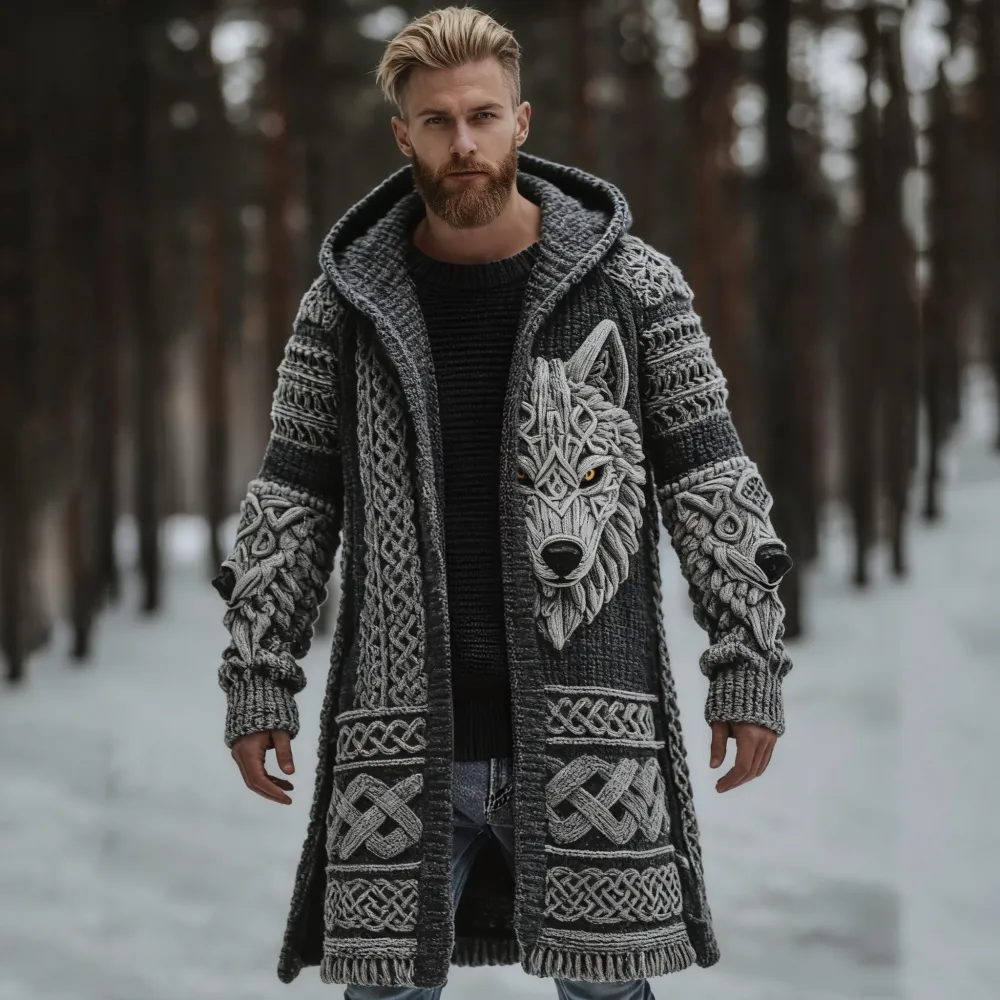 Men's Viking Style Celtic Knot Wolf Head Sweater Cardigan