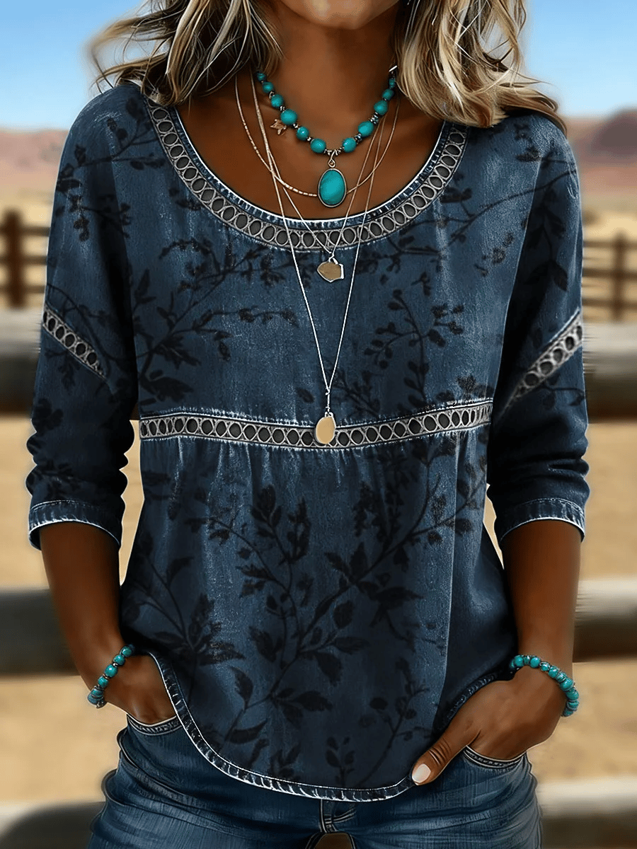 Women's Casual Retro Floral Print Cotton-Linen Cutout Top