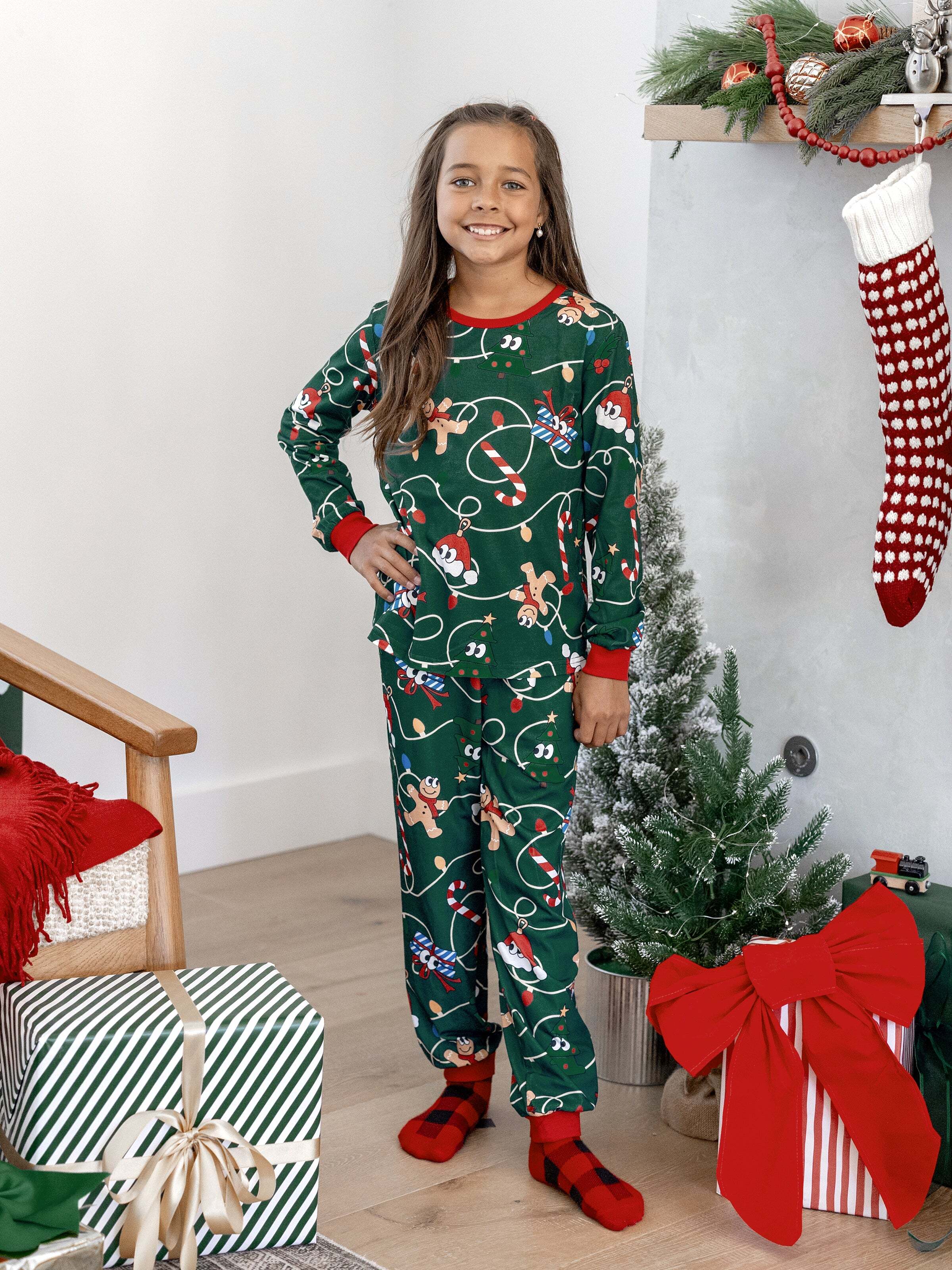 Christmas Matching Family Pajamas Set Gingerbread and Christmas Tree Green and White PJS with Christmas Socks Dark Green
