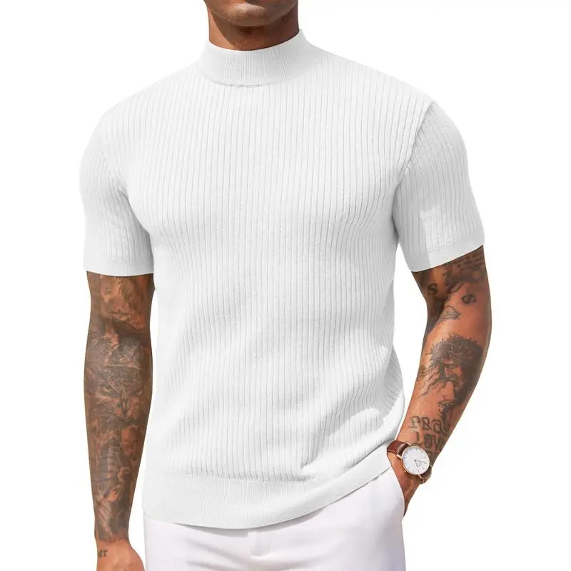 Men's Mock Turtleneck Sweater Short Sleeve Casual Basic Tops Ribbed Knit Pullover Solid Tee(100%Polyester)