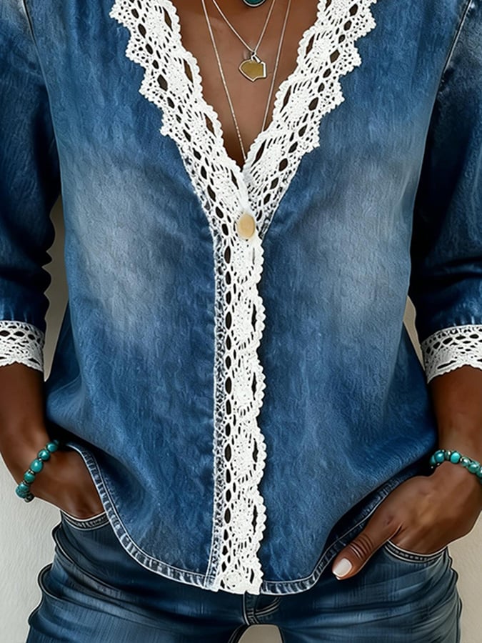 Women'S Casual V-Neck Lace Patch Denim Shirt