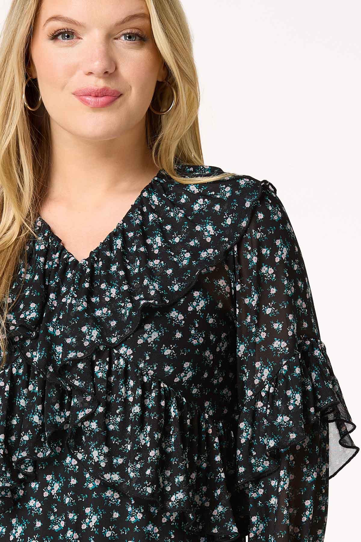 Ruffled Floral Mesh Top