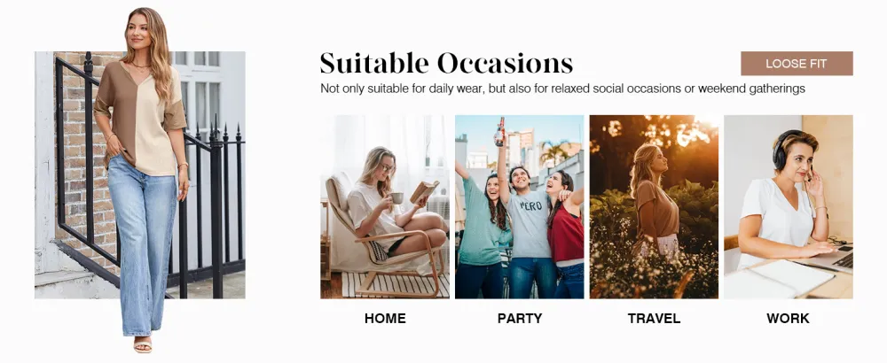 Womens Half Sleeve Waffle Knit Shirts V Neck Colorblock Blouses