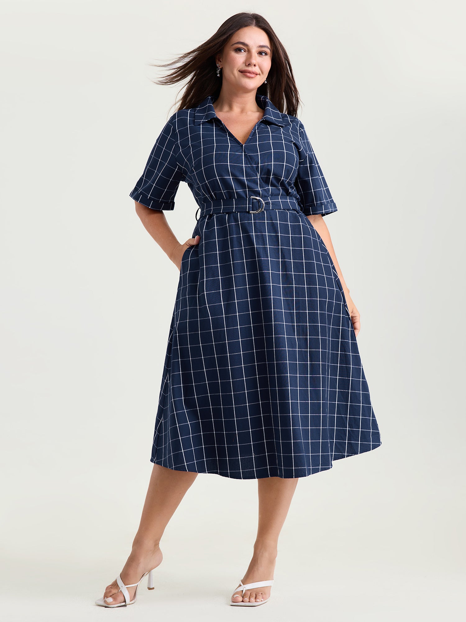 Cotton Checked Print Wrap Neckline Belted Midi Dress
