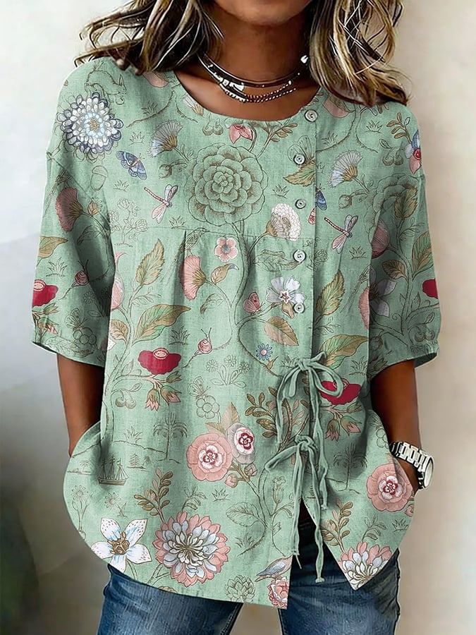 Women's Retro Floral Button Lace Up Tie Shirt- Fast Shipping