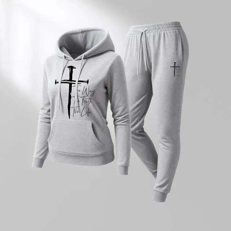 Women's Jesus on the Cross Print Hoodie And Drawstring Track Pants Set