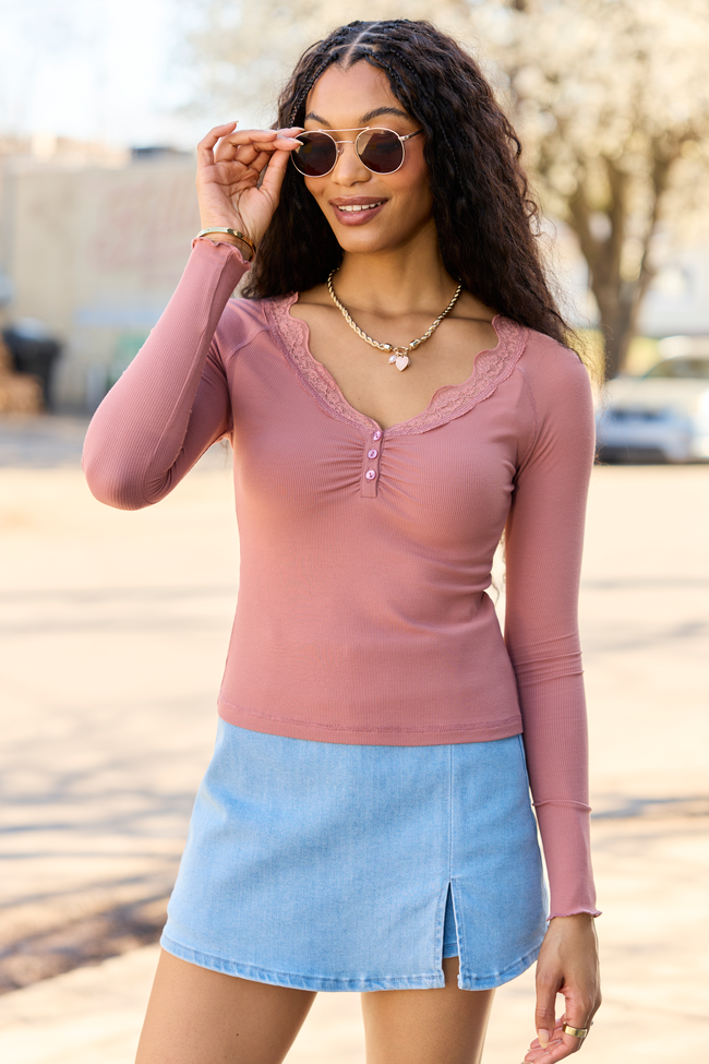 Amity Blush Long Sleeve Lace Trim Top