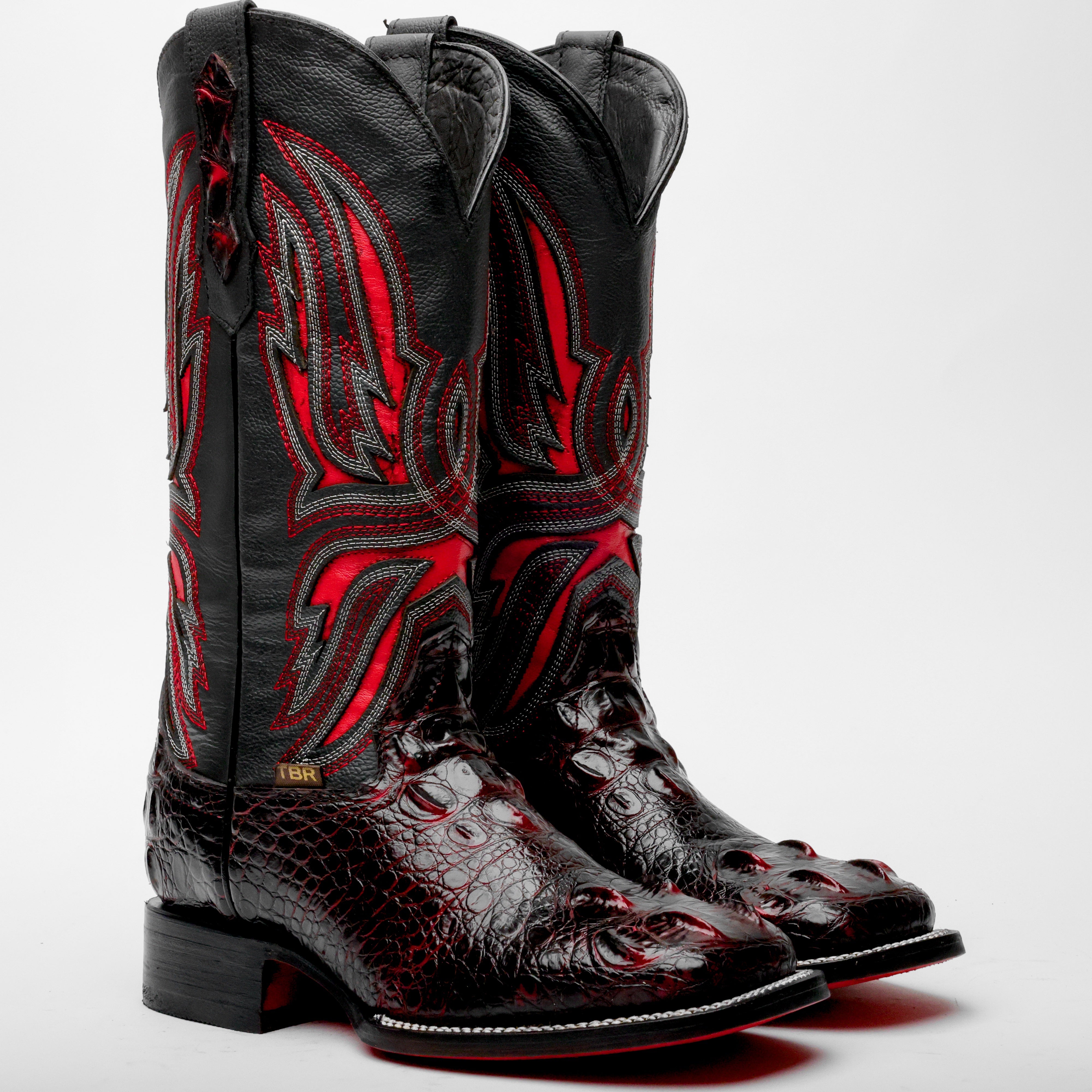 Black Cherry Giant Caiman Neck Leather Boots - Square Toe