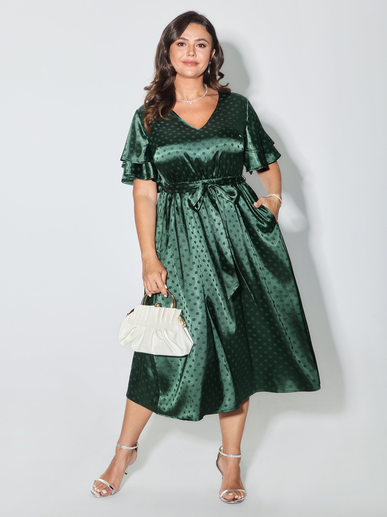 Polka Dots Jacquard Layered Ruffled Sleeve Midi Dress