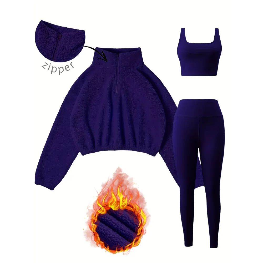 Women's 3-Piece Workout Set (Half-Zip Top, Bra, Yoga Pants)