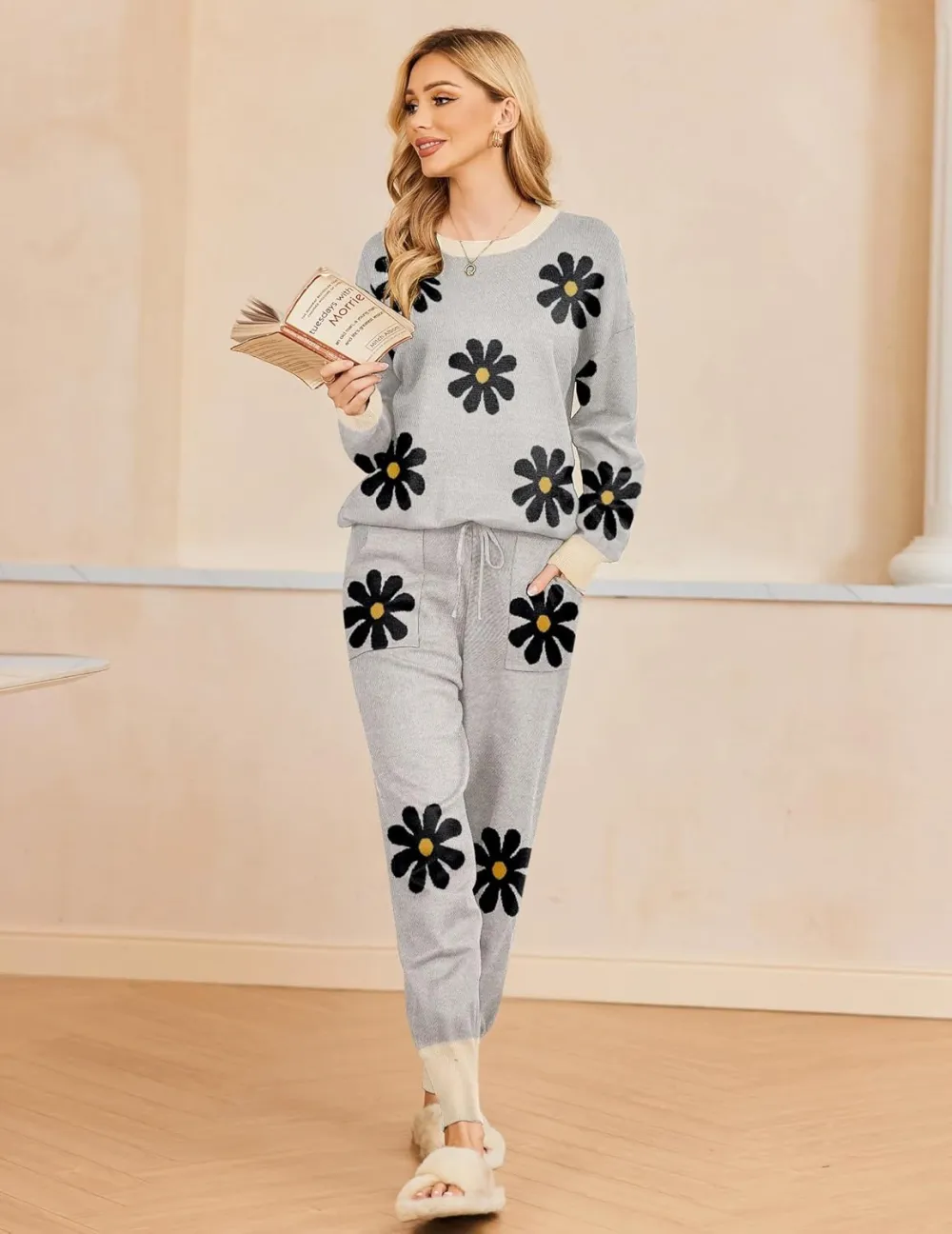 Women's Long Sleeve Knit Loungewear Set Jogger Pants Outfit
