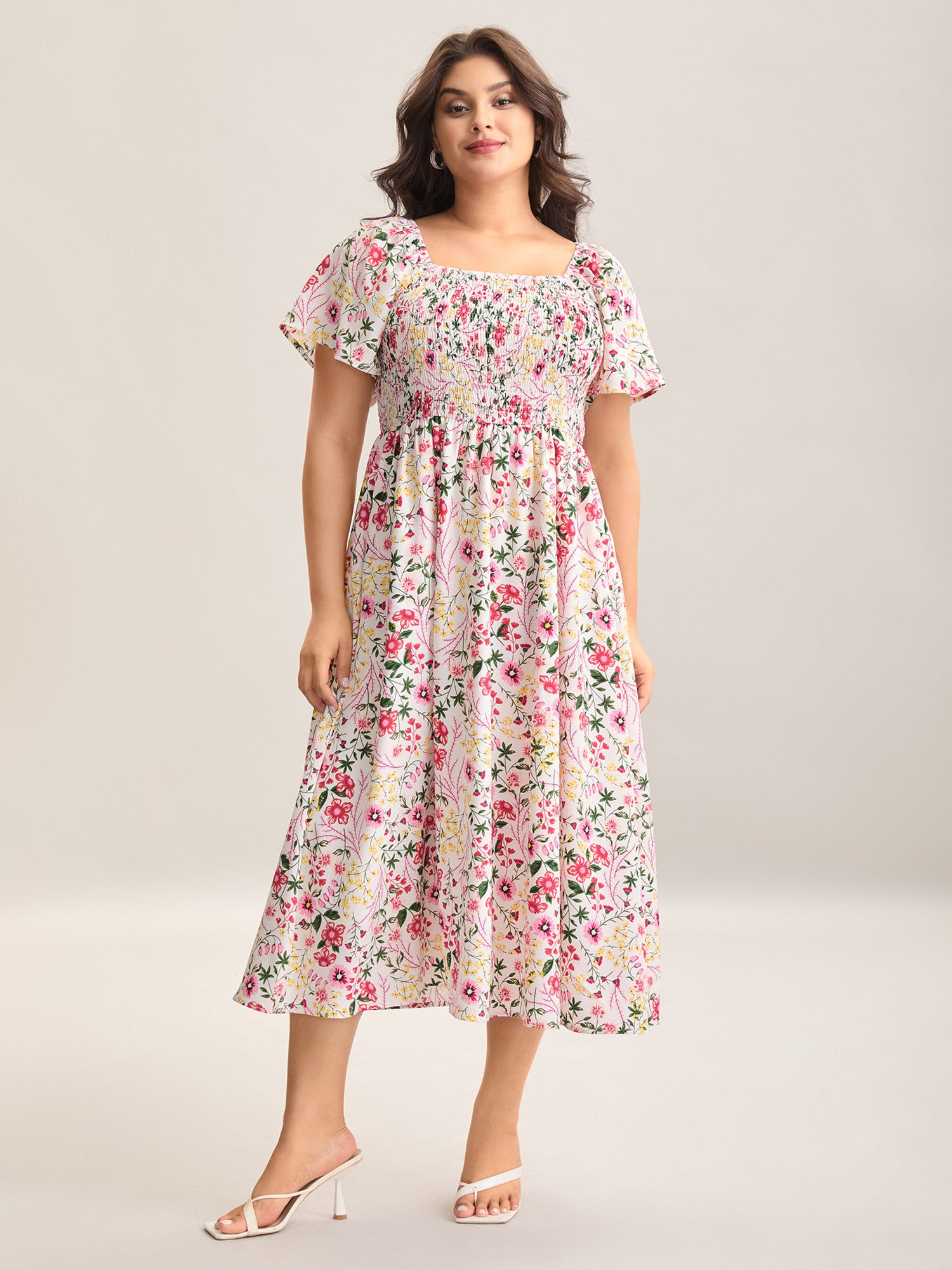 Floral Shirred Square Neck Pocket Midi Dress