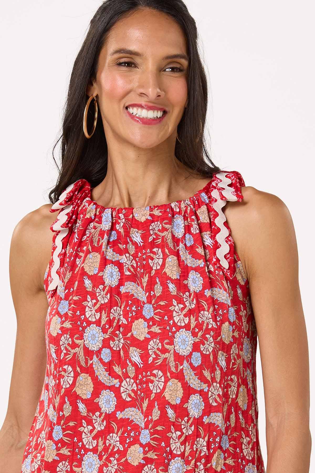 Floral Ric Rac Tie Shoulder Tank