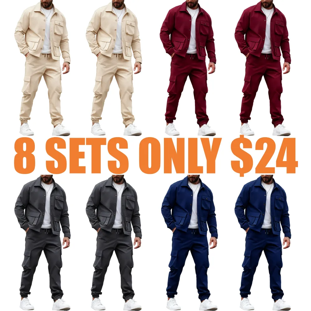 Men's Solid Color Pocket Button Front Jackets & Pants Two-Piece Set