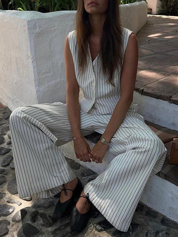 Striped Loose Sleeveless Buttoned V-Neck Vest Top + Pockets Pants Bottom Two Pieces Set
