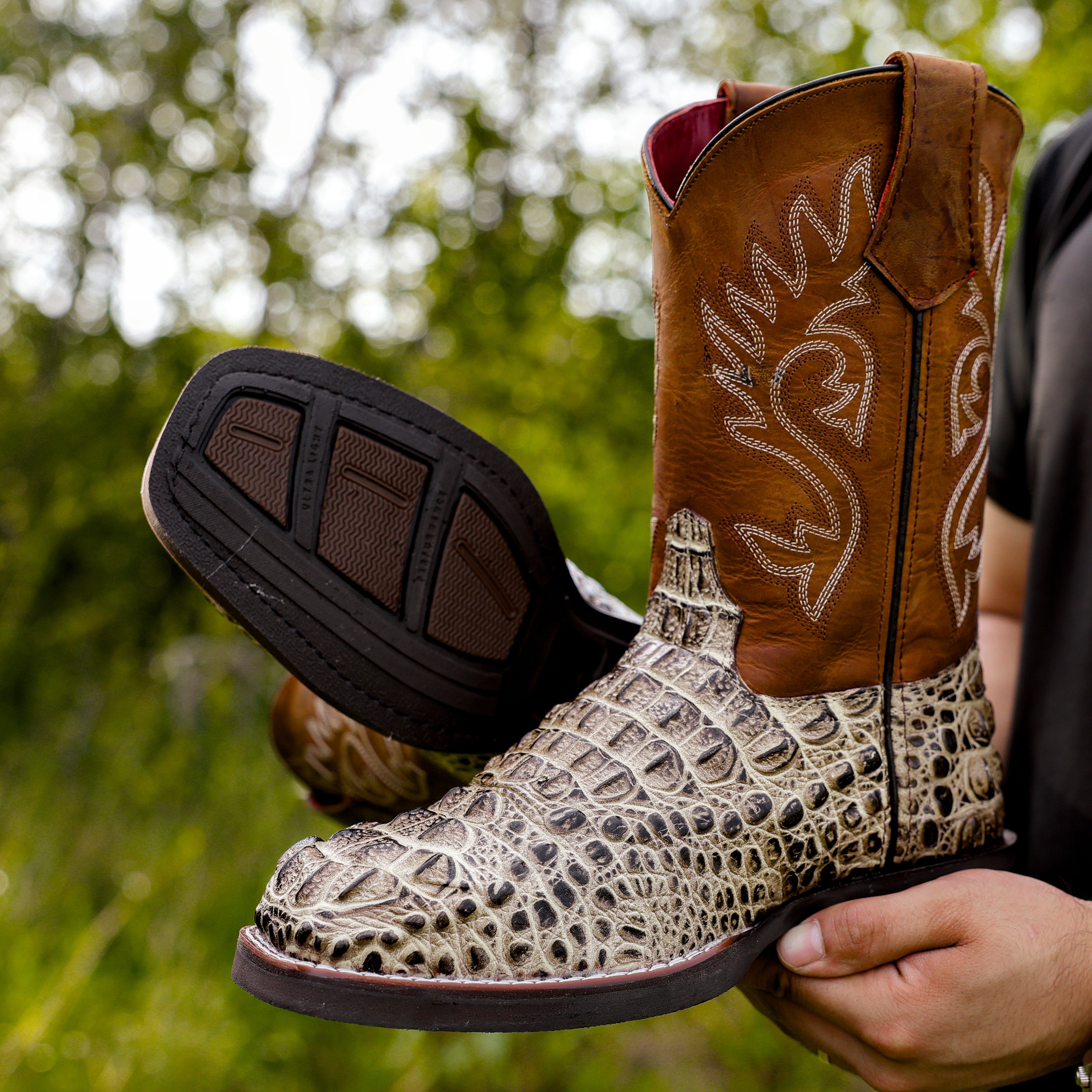 Desert Caiman Neck Leather Boots With Lightweight Soles - Square Toe