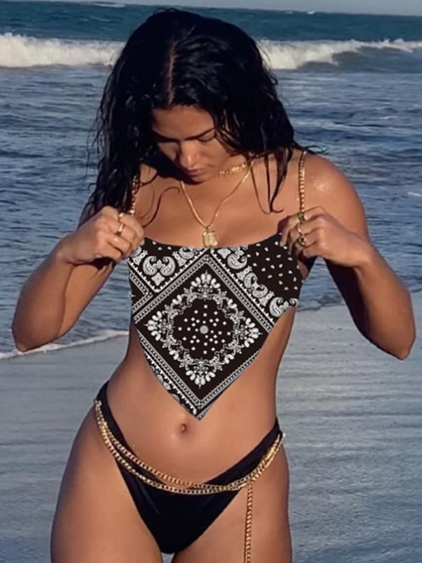 Ethnic Printed Metal Chain Spaghetti-Neck Bikini Swimwear