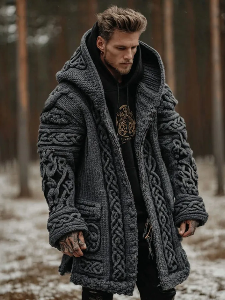 Men's Viking Celtic Knot Contrast Button Cozy Midi Cardigan Sweater