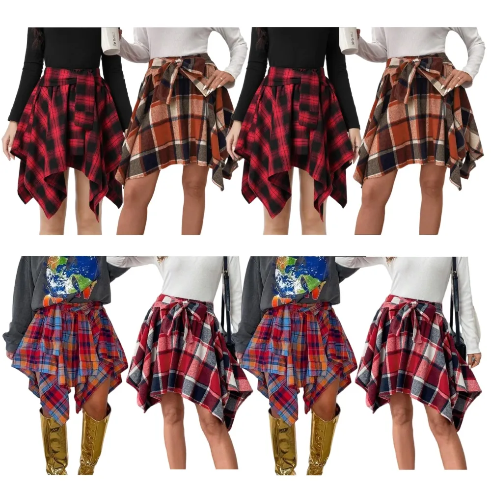 Women's Fashion Plaid Print Asymmetrical Hem High Waisted Skirt