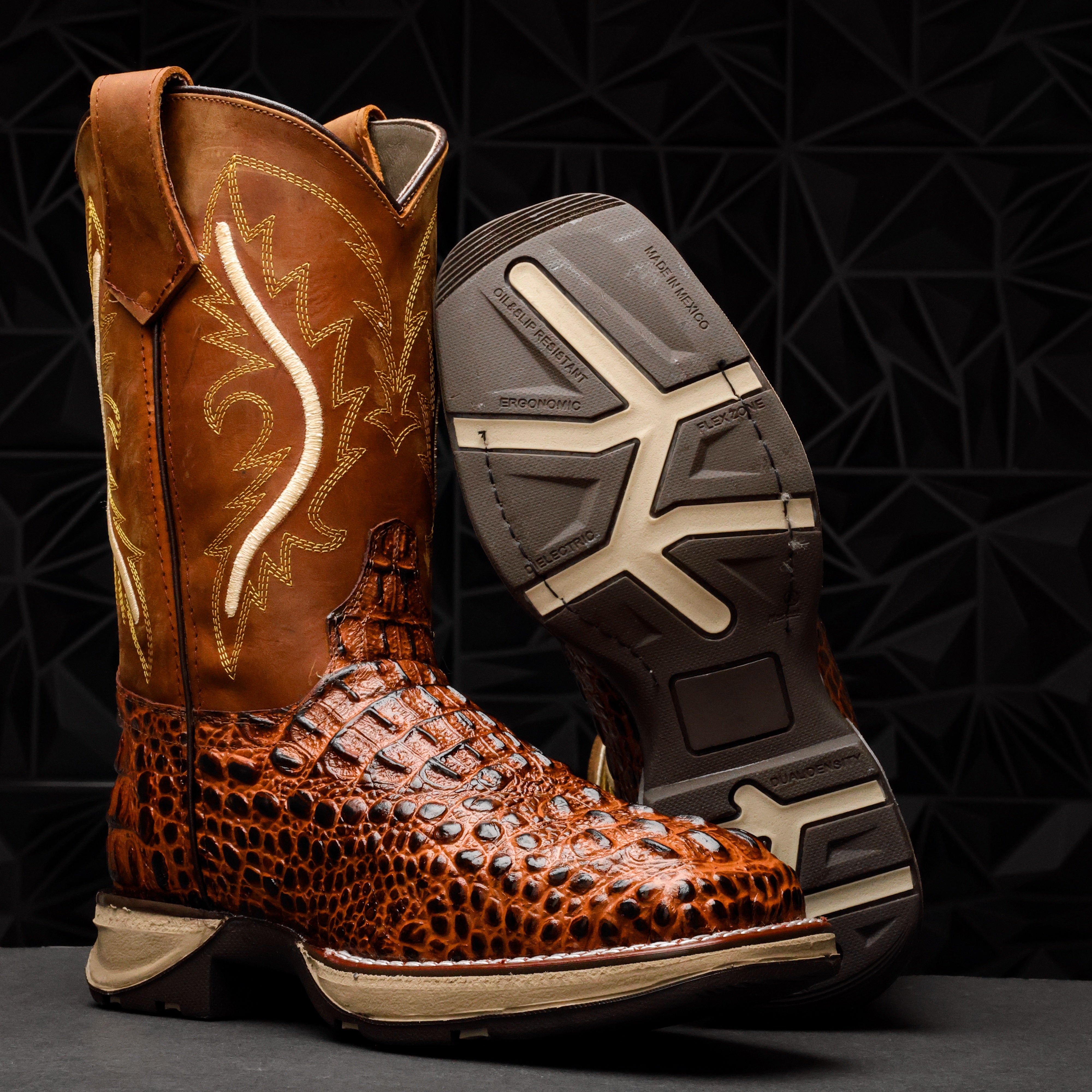 Cognac Caiman Neck Leather Boots With 3D Lightweight Sole - Composite Toe