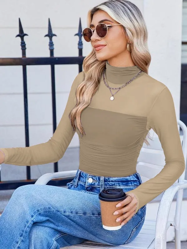 Women's Plain Round Neck Sheer Mesh Patchwork Long Sleeve Sexy Top