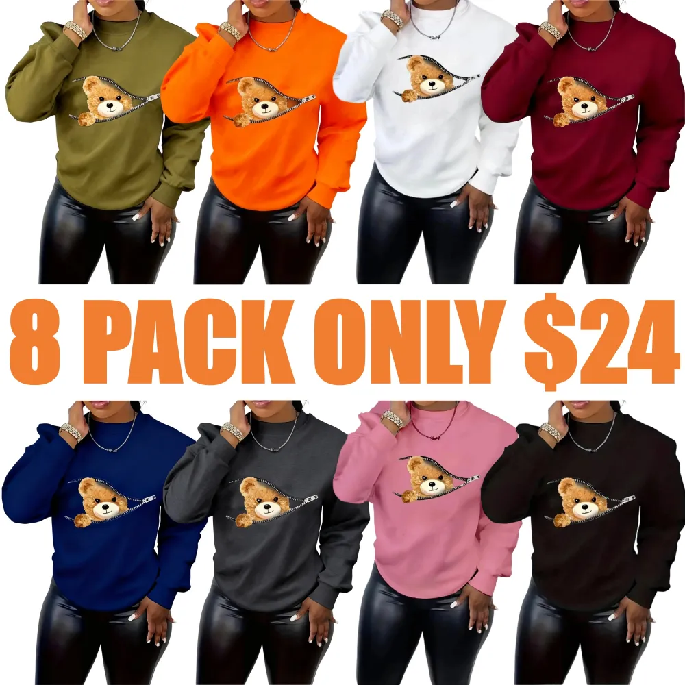 Women's Cartoon Bear Print Drop Shoulder Longsleeves