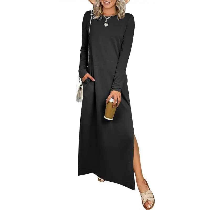 Women Long Sleeve Dresses 2026 Fall Casual Crewneck Loose Fit Split Flowy Wrinkle-Free Travel Vacation Maxi Dress