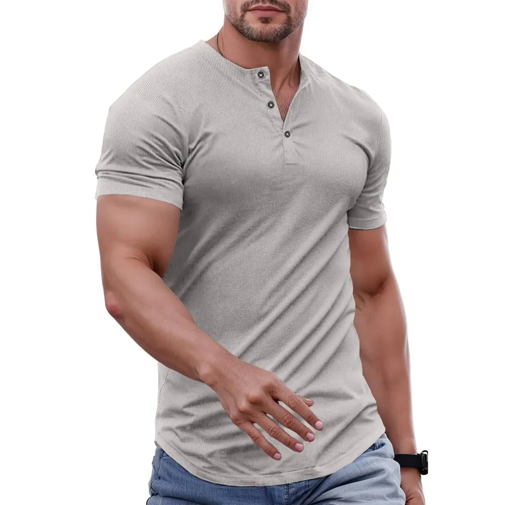 Men's solid color slim-fit Henley neck T-shirt