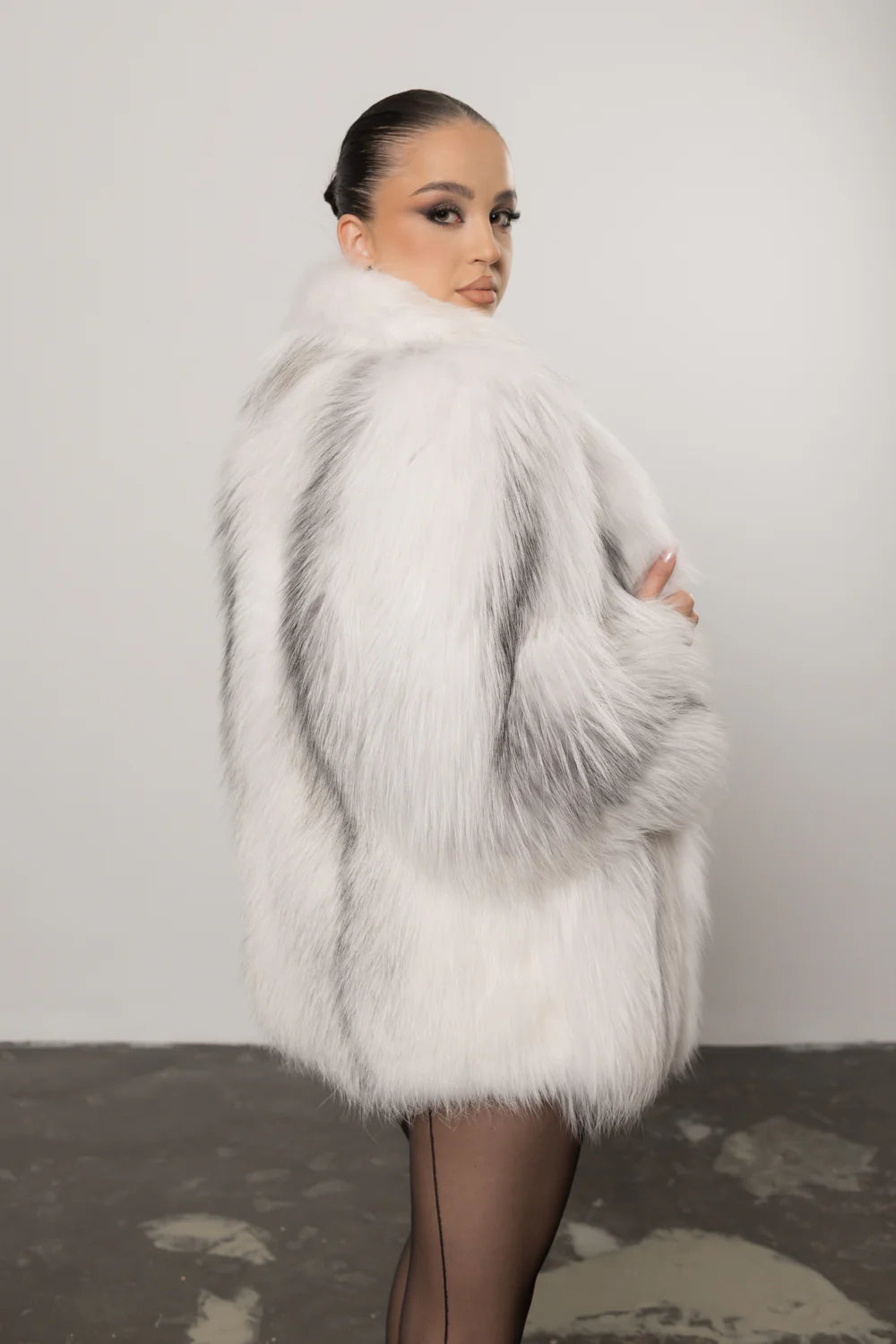 Haină din Blană Naturală de Vulpe Argintie, cu Guler Rever Șal, Femei, Arctic Silver 437