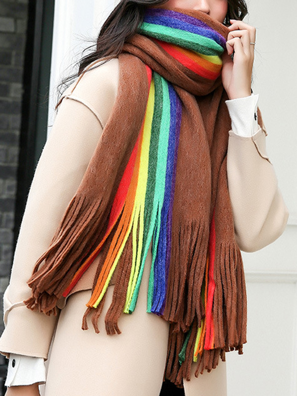 Contrast Color Keep Warm Multi-Colored Tasseled Scarf