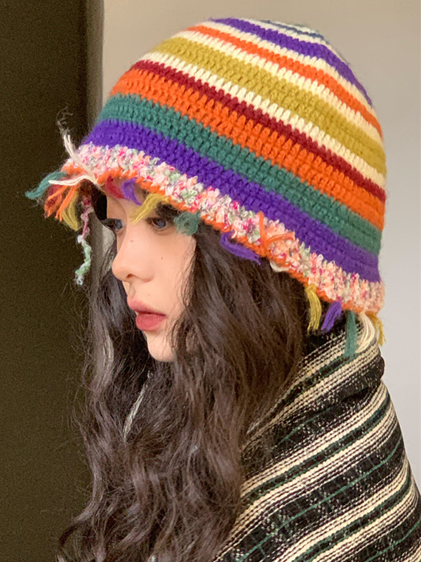 Fringed Striped Tasseled Bucket Hat