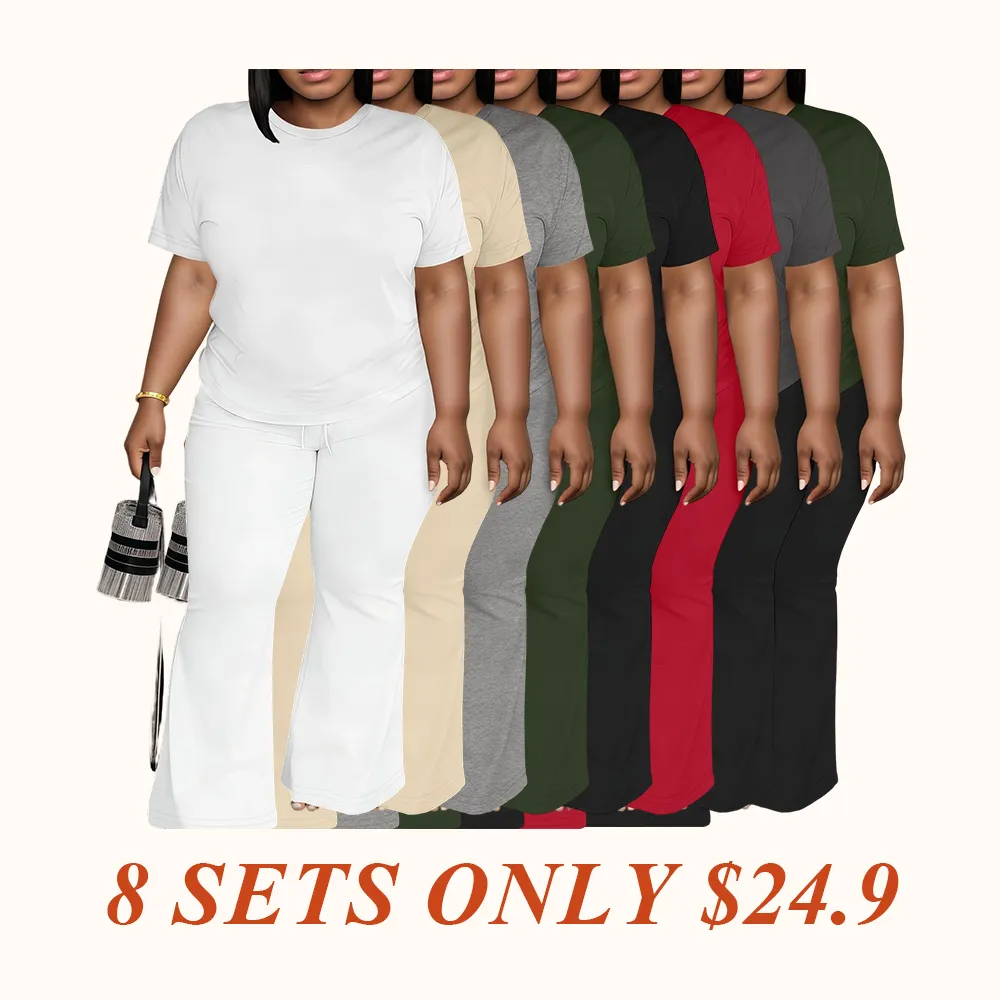 Women's Fashionable Big Size Casual Round Neck Short Sleeve Top & Loose Fit Straight Pants Set, Spring & Fall Comfortable Plain Design