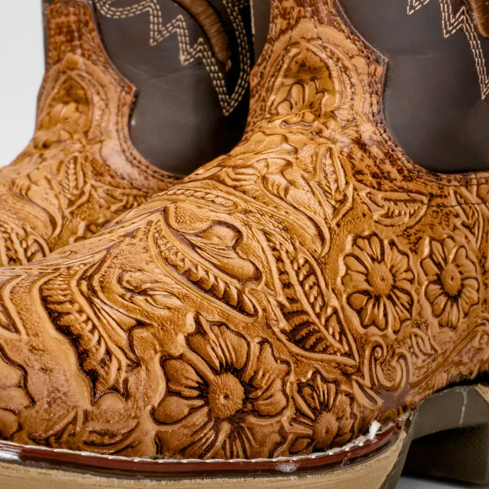 Honey Hand-Tooled Leather Boots With 3D Lightweight Sole - Composite Toe