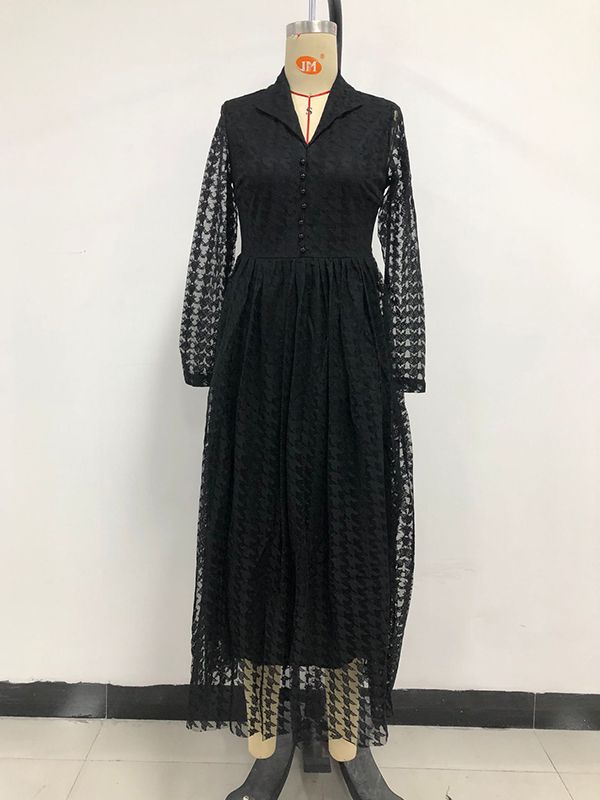 Buttoned Gauze See-Through Solid Color High Waisted Long Sleeves V-Neck Maxi Dresses