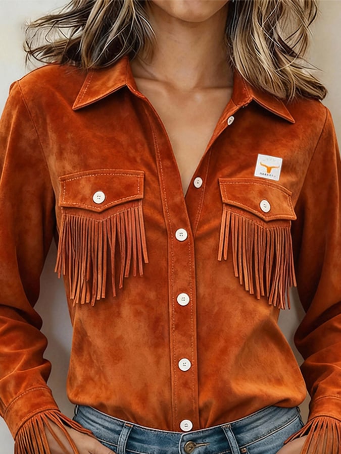 Women's Retro Collared Long-Sleeved Tassel Shirt