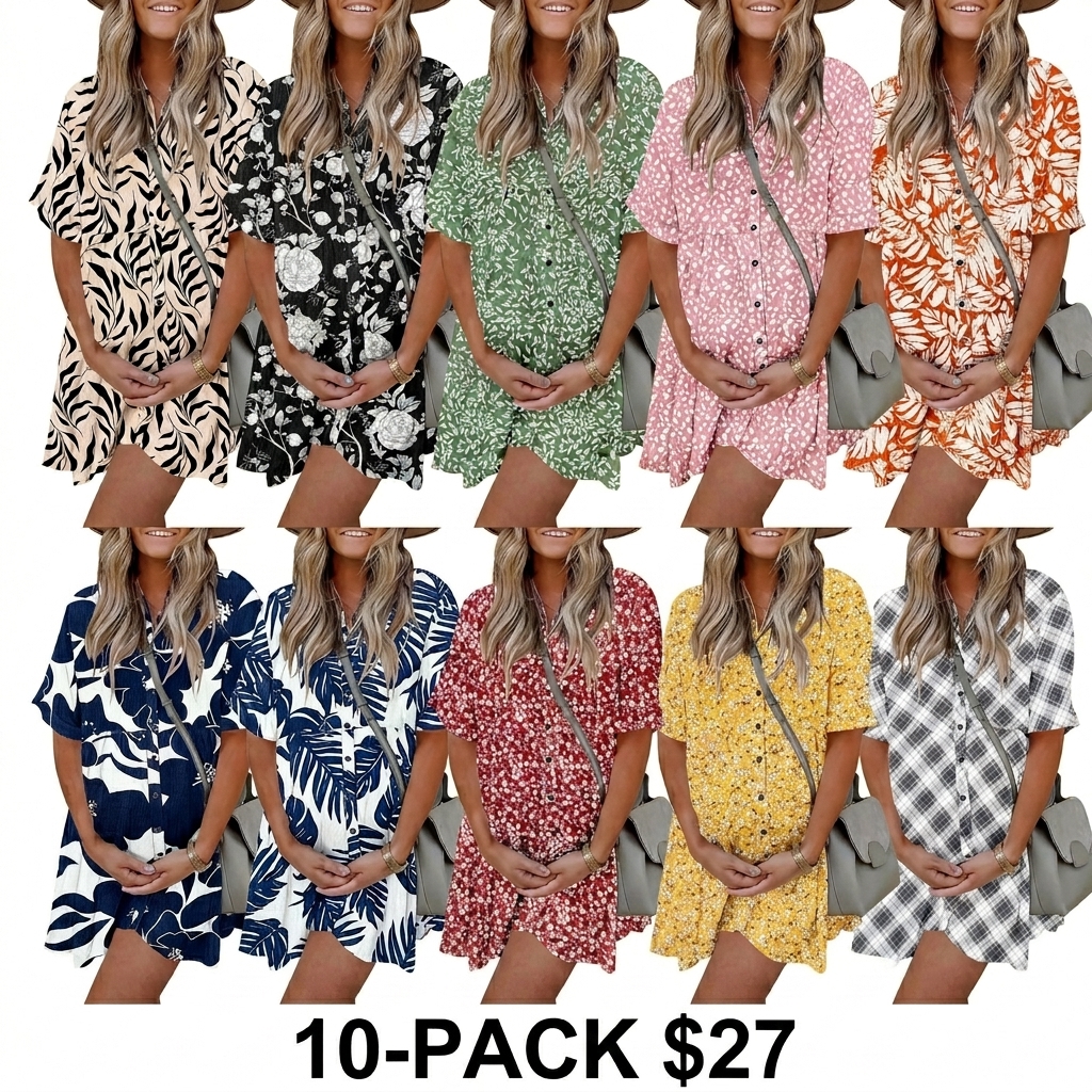 Women's Babydoll Mini Dress – Short Sleeve Button Down Flowy Tiered Dress with Pockets