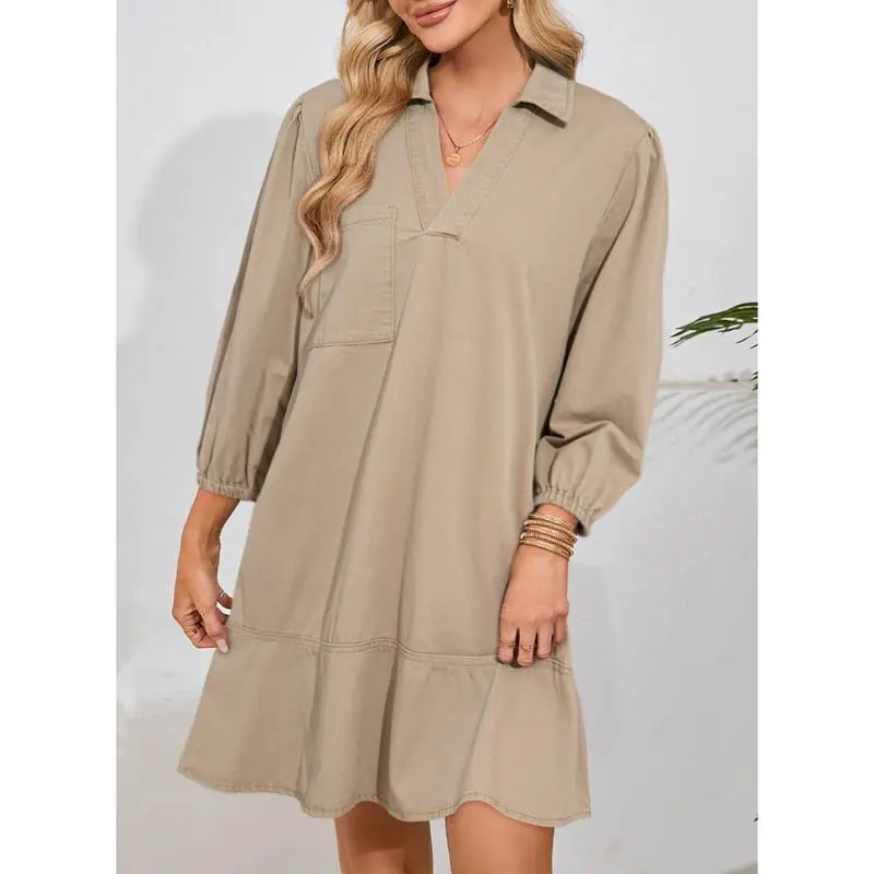 V Neck 3/4 Puff Sleeve Jean Dresses